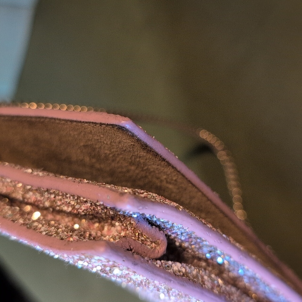 Jimmy Choo Lilia Pink Sparkle Glitter Crossbody Clutch with Gold Shoulder Strap - Picture 12 of 12